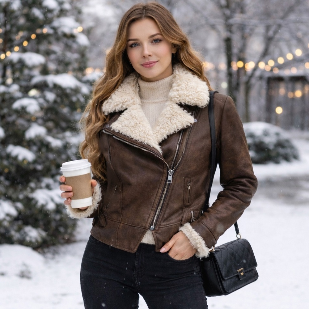 Bang Bang Brown Penny Lane Faux‎ Leather Shearling Moto Jacket Fur Collar in S